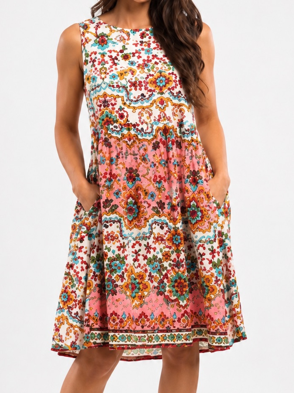 Orientique Australia Pink Multicolor Floral Medallion Dress XS Oversized Pockets
